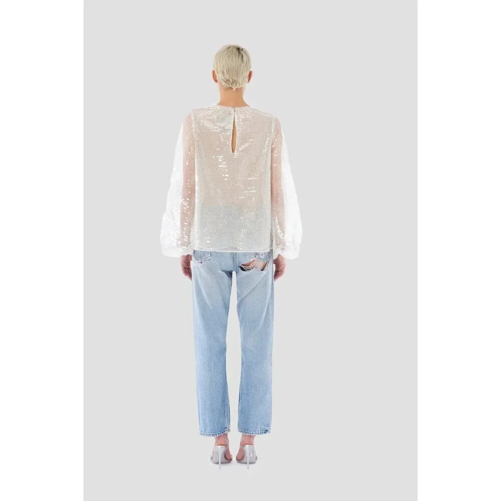 Le Superbe Sparkling Femme Sequin Sheer Blouse Sheer White Womens Size 2